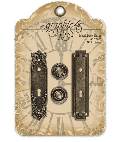 Graphic 45 Staples Embellishments - Antique Brass Metal Door Plates & Knobs